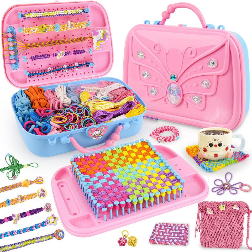 Nicella 6-in-1 weaving loom kit photo shows versatile craft projects for kids.