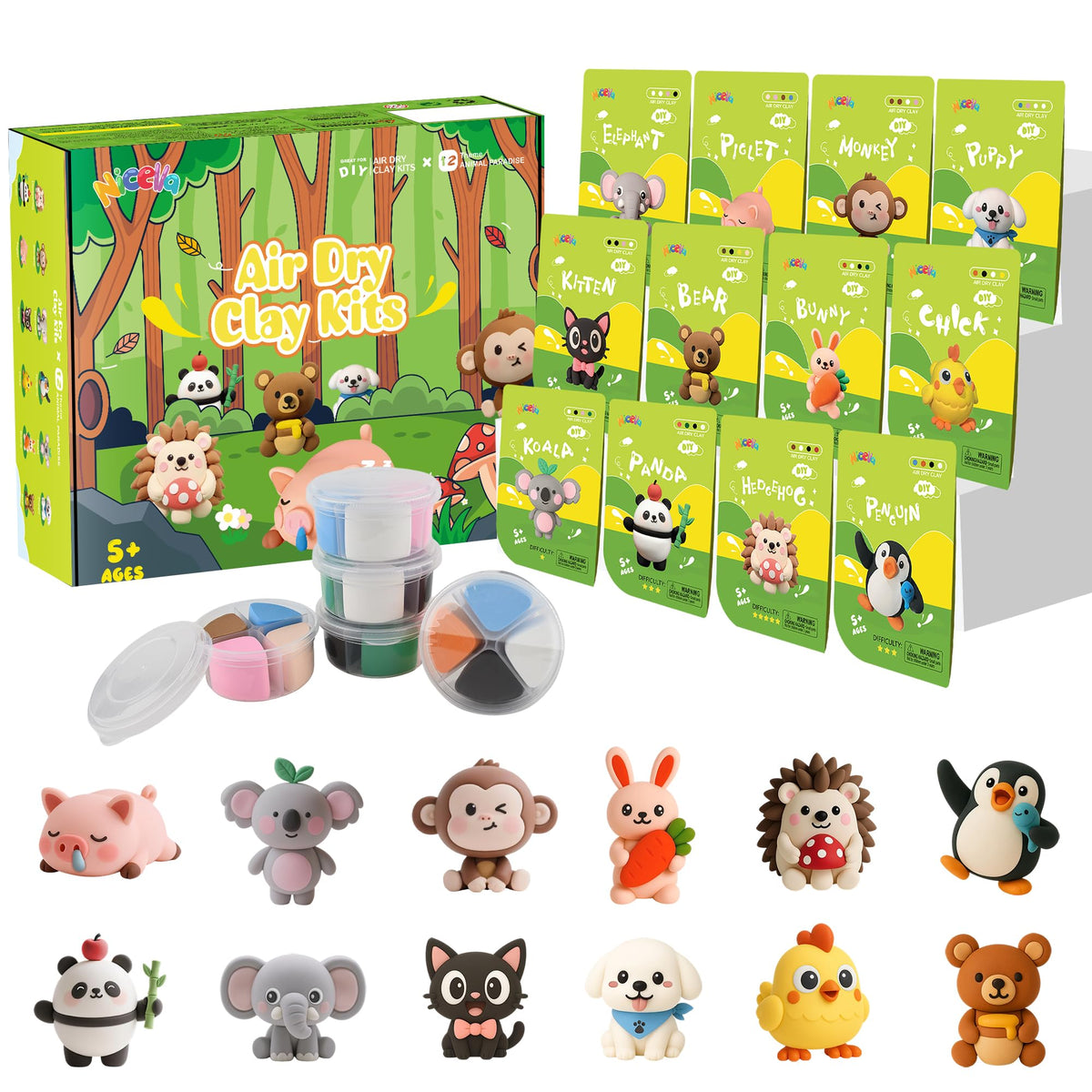 Nicella Air Dry Clay Kit with 12 animals for colorful home crafts