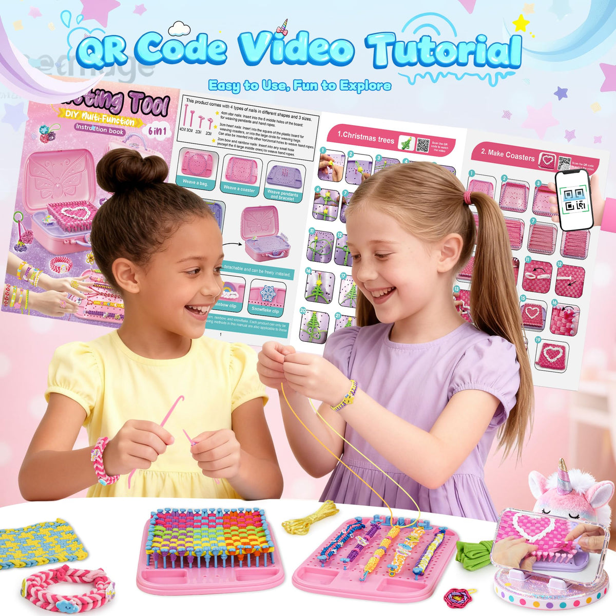 Nicella bracelet-making projects show colorful woven samples kids can craft.