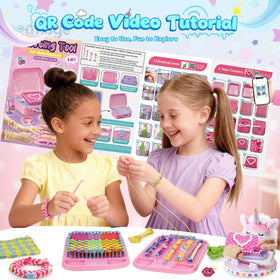 Nicella bracelet-making projects show colorful woven samples kids can craft.