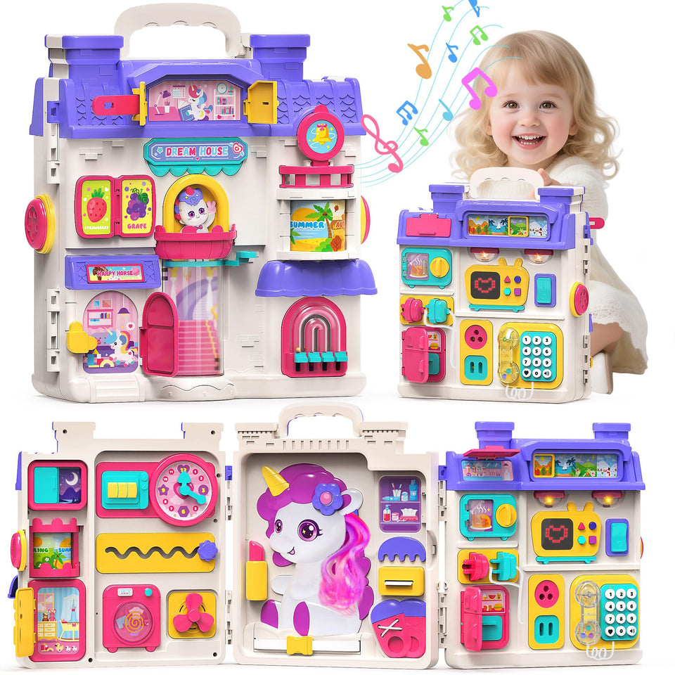 Nicella Busy Board with four scenes to spark imaginative, screen-free play