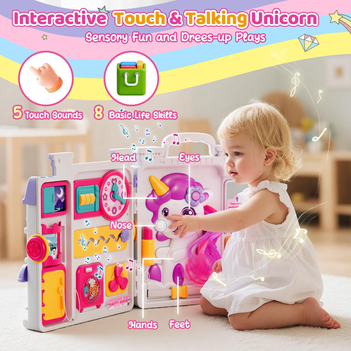 Nicella Busy Board supports bilingual learning in English and Spanish for toddlers