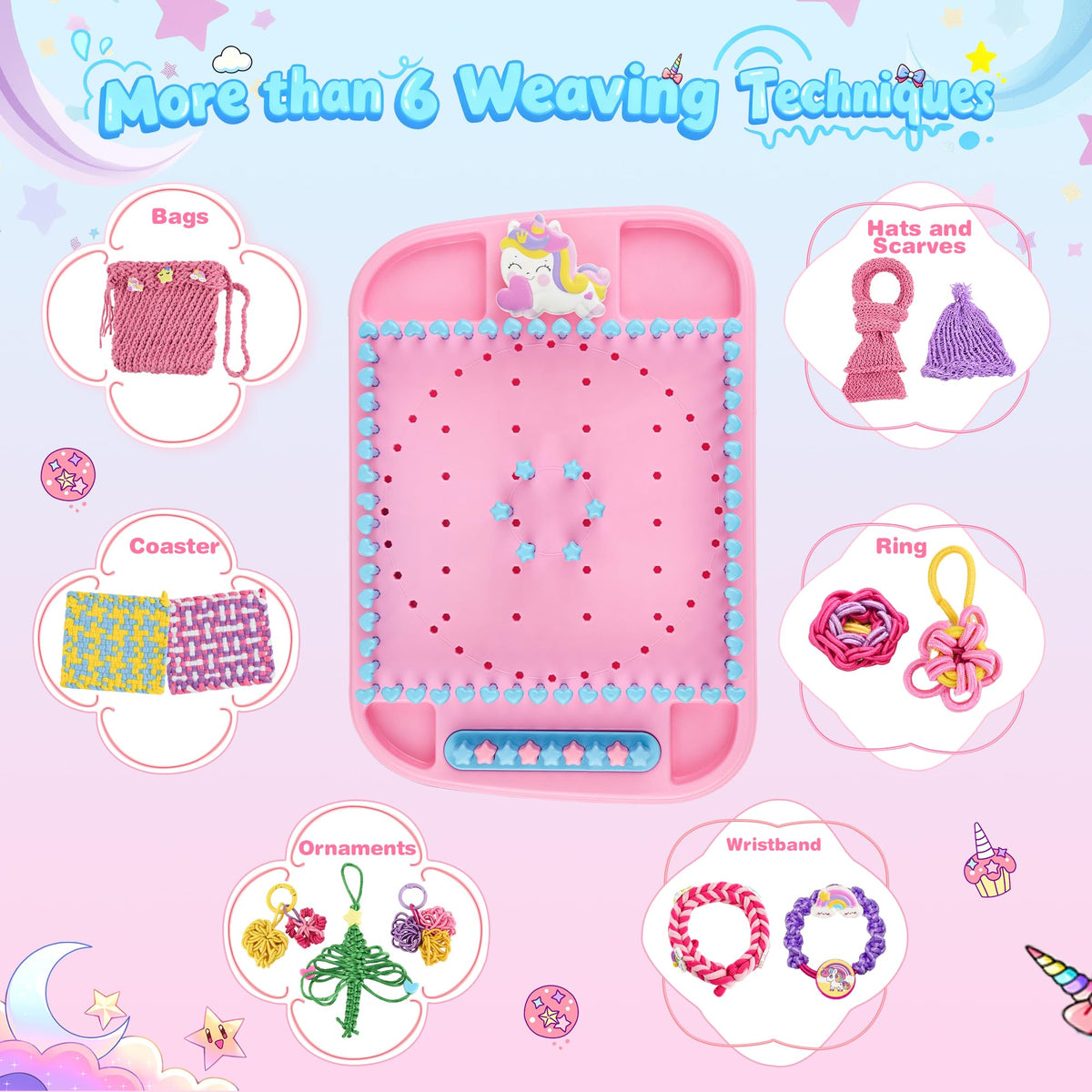 Nicella loom kit accessories spread with yarn and beads for diverse projects.