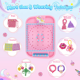 Nicella loom kit accessories spread with yarn and beads for diverse projects.