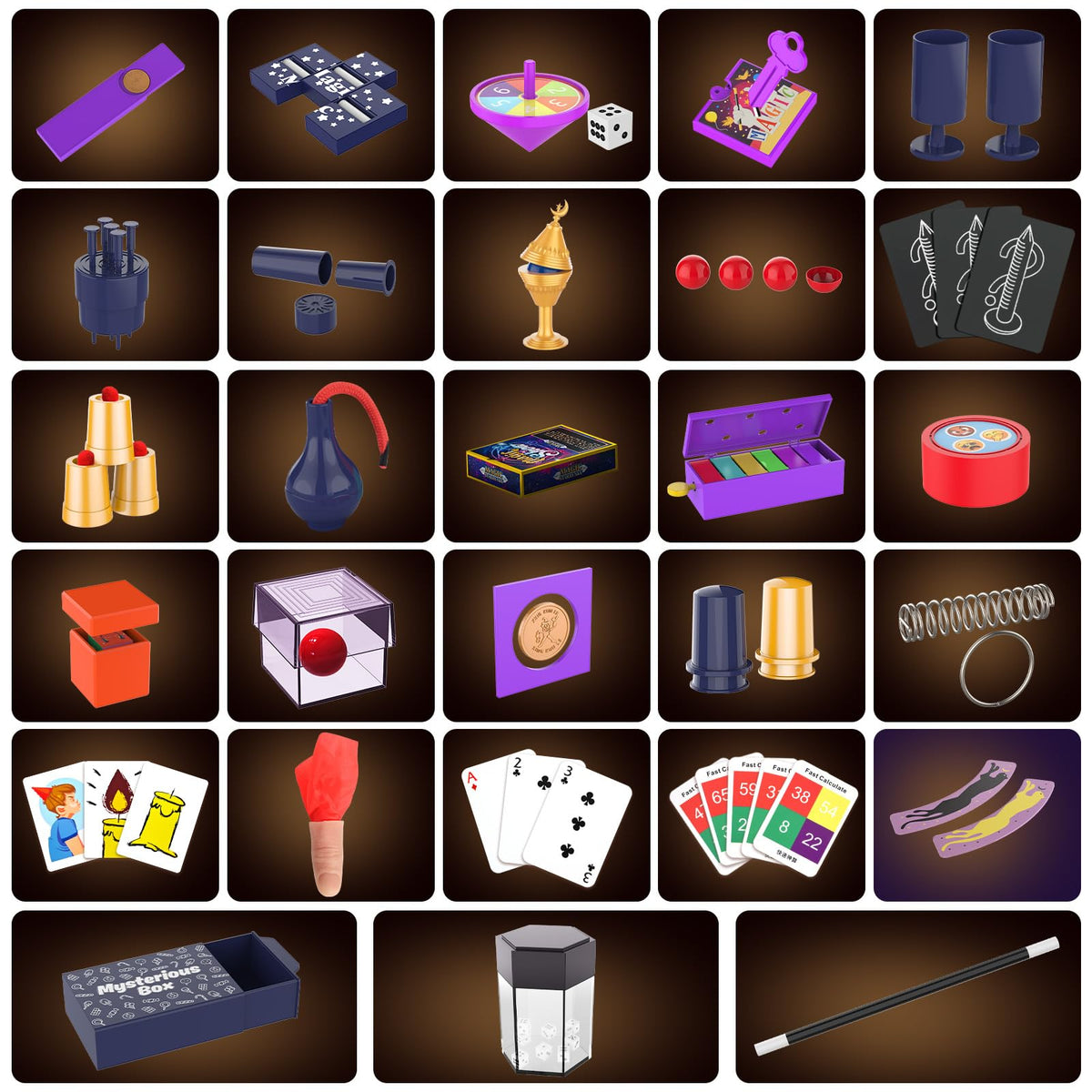 Nicella Magic Set cards close-up highlighting Birthday Candle and Ace tricks.