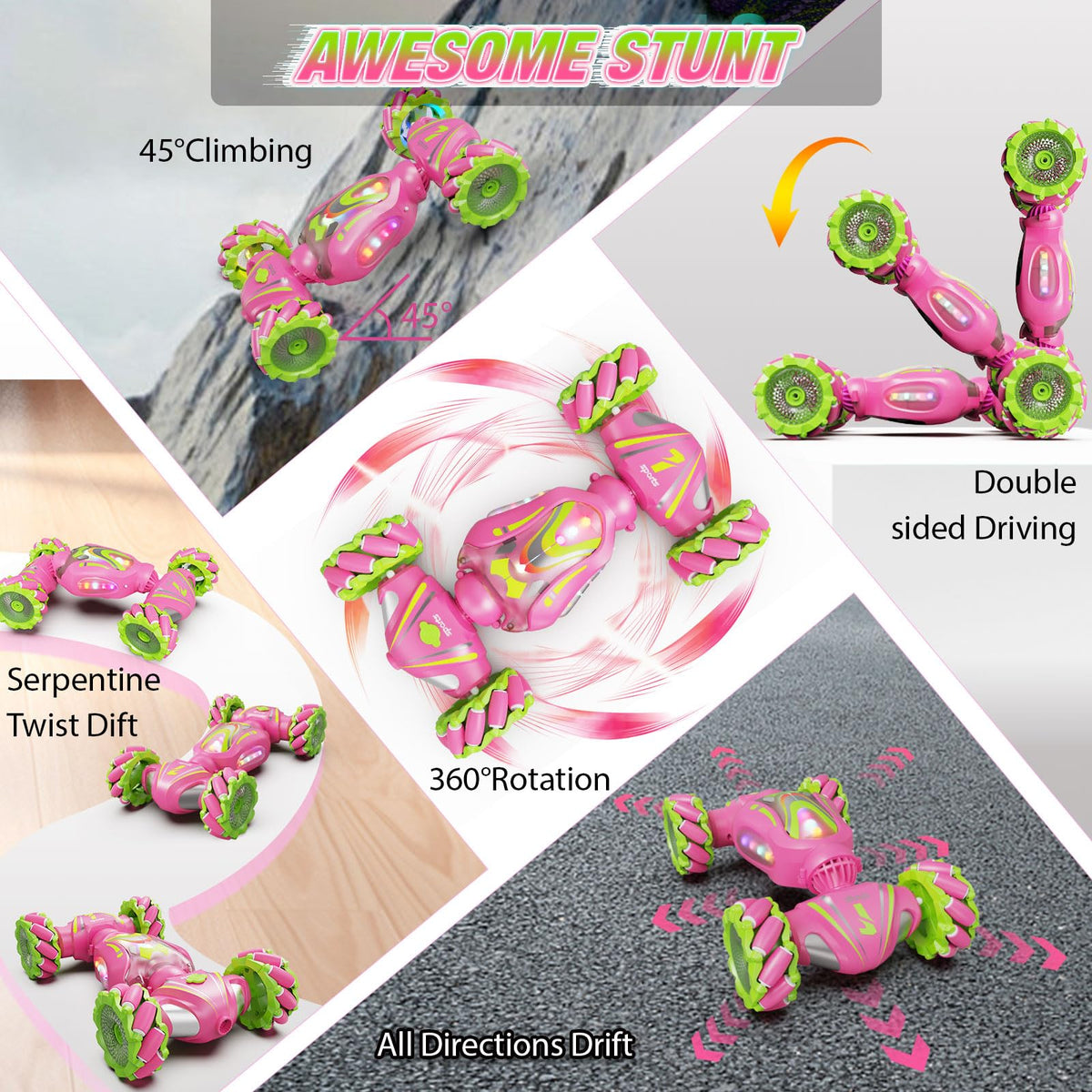 Nicella pink RC car performing 360° rotation during play