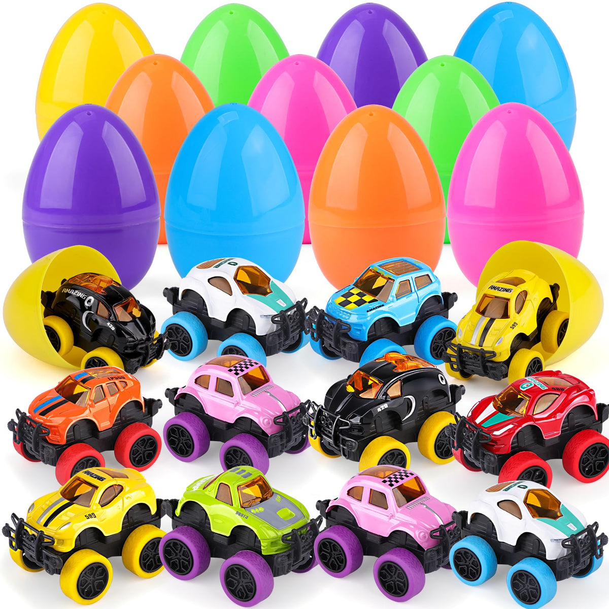 Nicknack Easter eggs with monster trucks set, 12 pieces, ideal for Easter egg hunts and party favors.