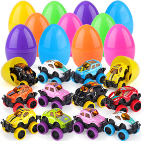Nicknack Easter eggs with monster trucks set, 12 pieces, ideal for Easter egg hunts and party favors.