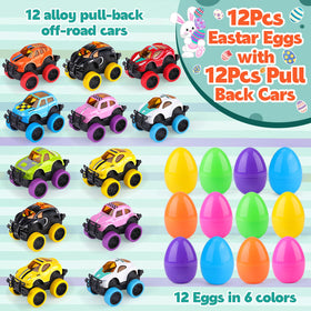 Nicknack egg-fillers for Easter party, pre-filled with monster trucks.