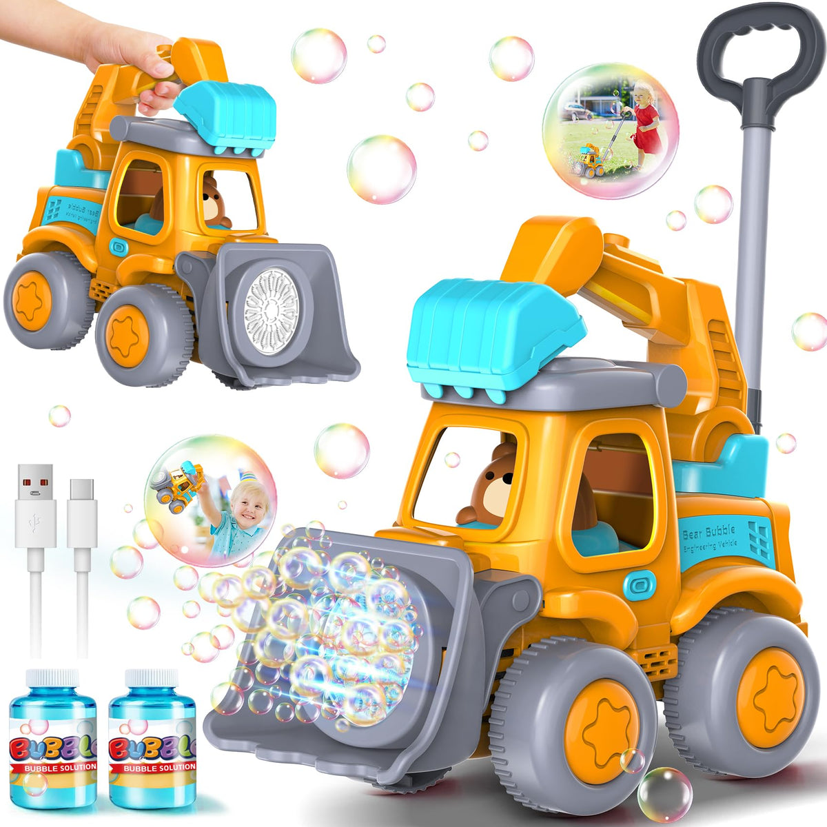 Nicmore automatic bubble machine in construction truck shape for outdoor play.