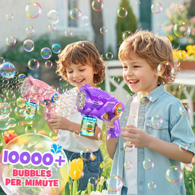 Nicmore Bubble Gun purple blast delivering colorful bubbles for festive backyard fun
