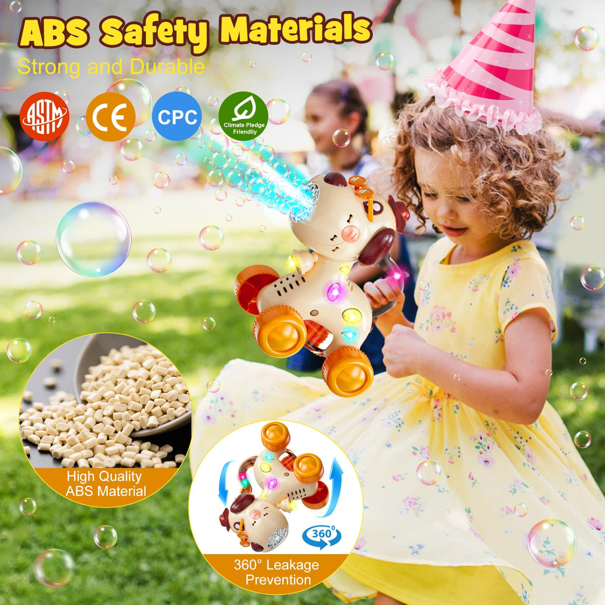 Nicmore bubble machine kid safe ABS construction ensures durable family play.