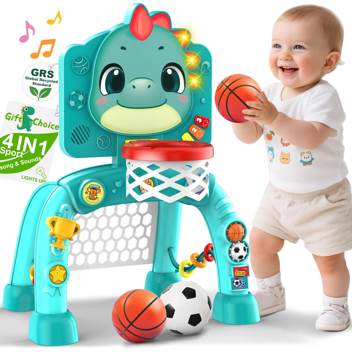 Nicmore Dinosaur 4-in-1 basketball toss in action boosts gross motor skills.