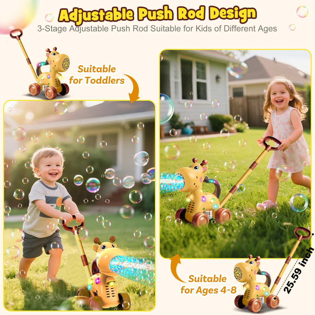 Nicmore bubble machine with flashing lights for day and night play.