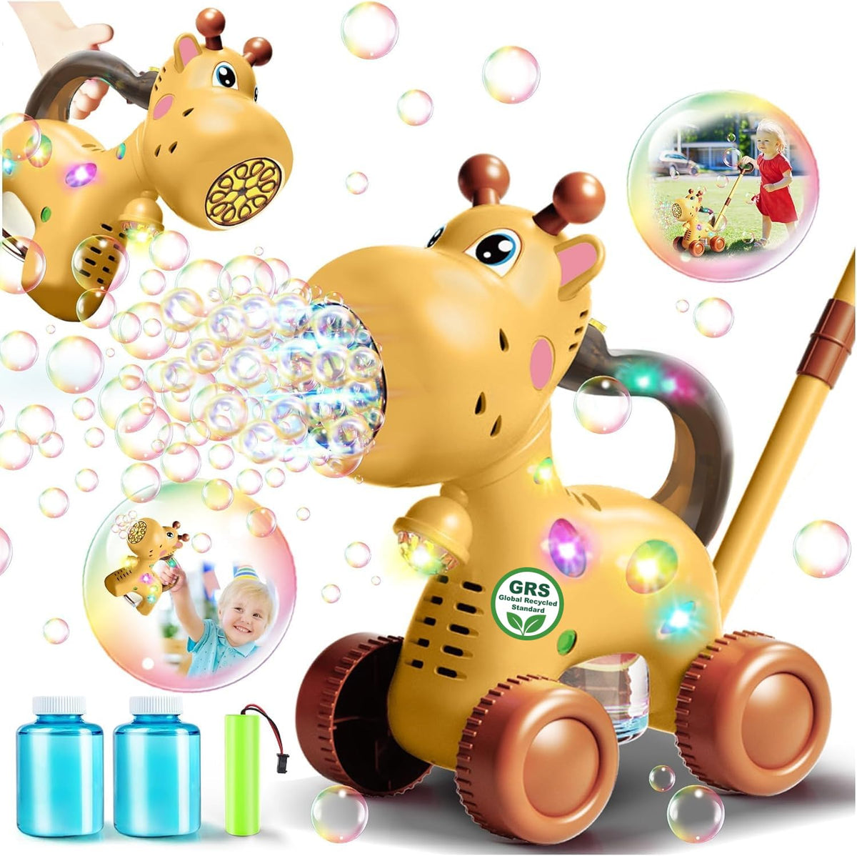 Nicmore giraffe bubble machine front view for outdoor play.