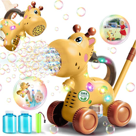 Nicmore giraffe bubble machine front view for outdoor play.
