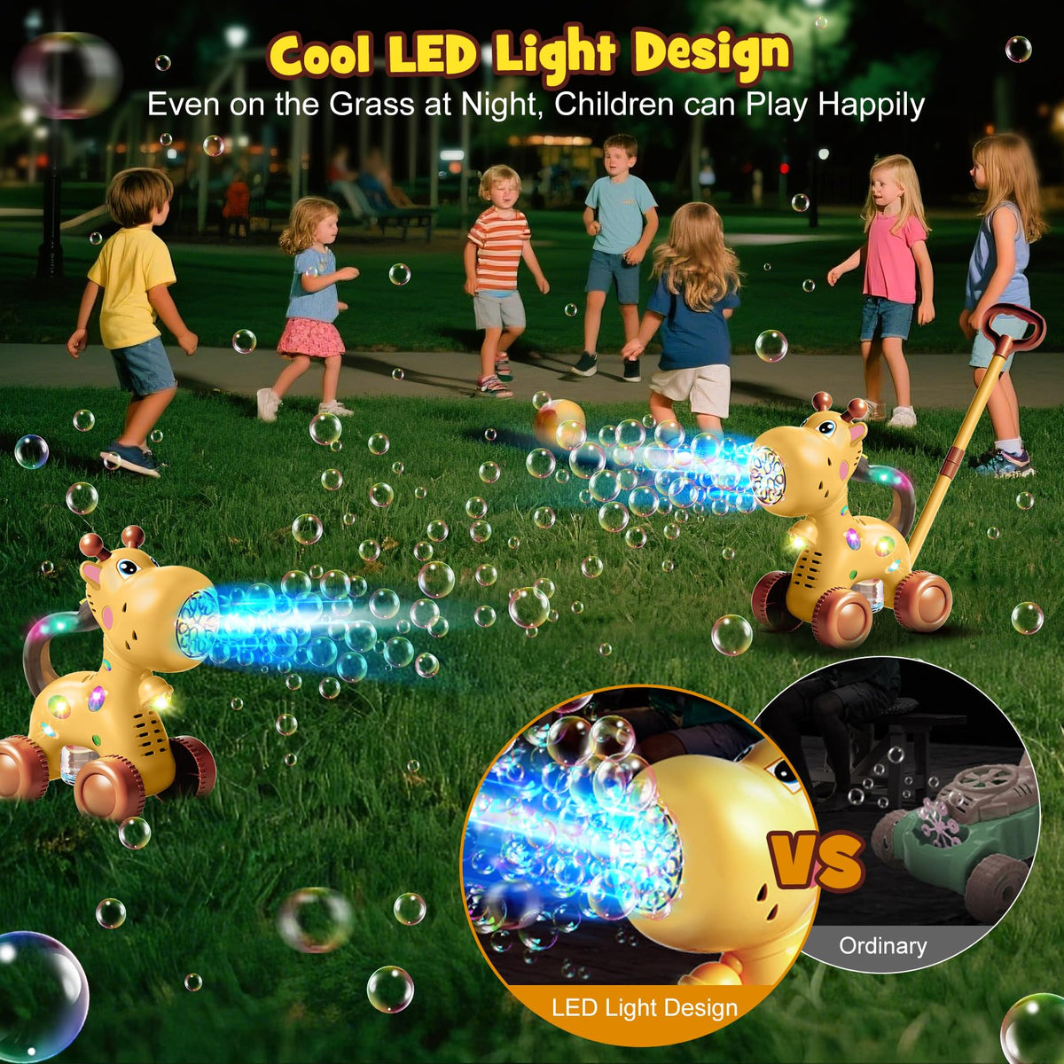 Nicmore giraffe bubble machine used as handheld device for flexible play.