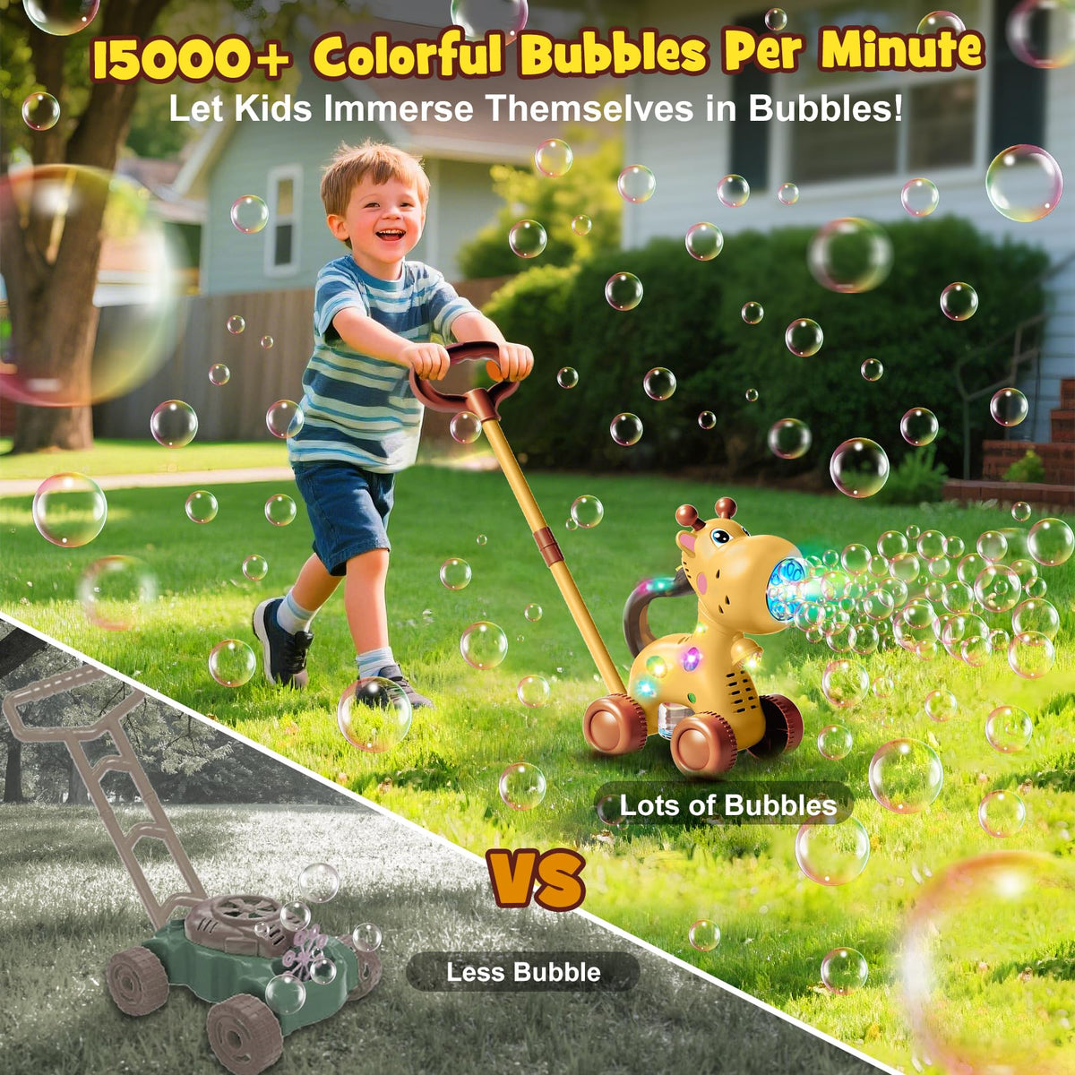 Nicmore giraffe bubble machine in push mode for easy walking fun.