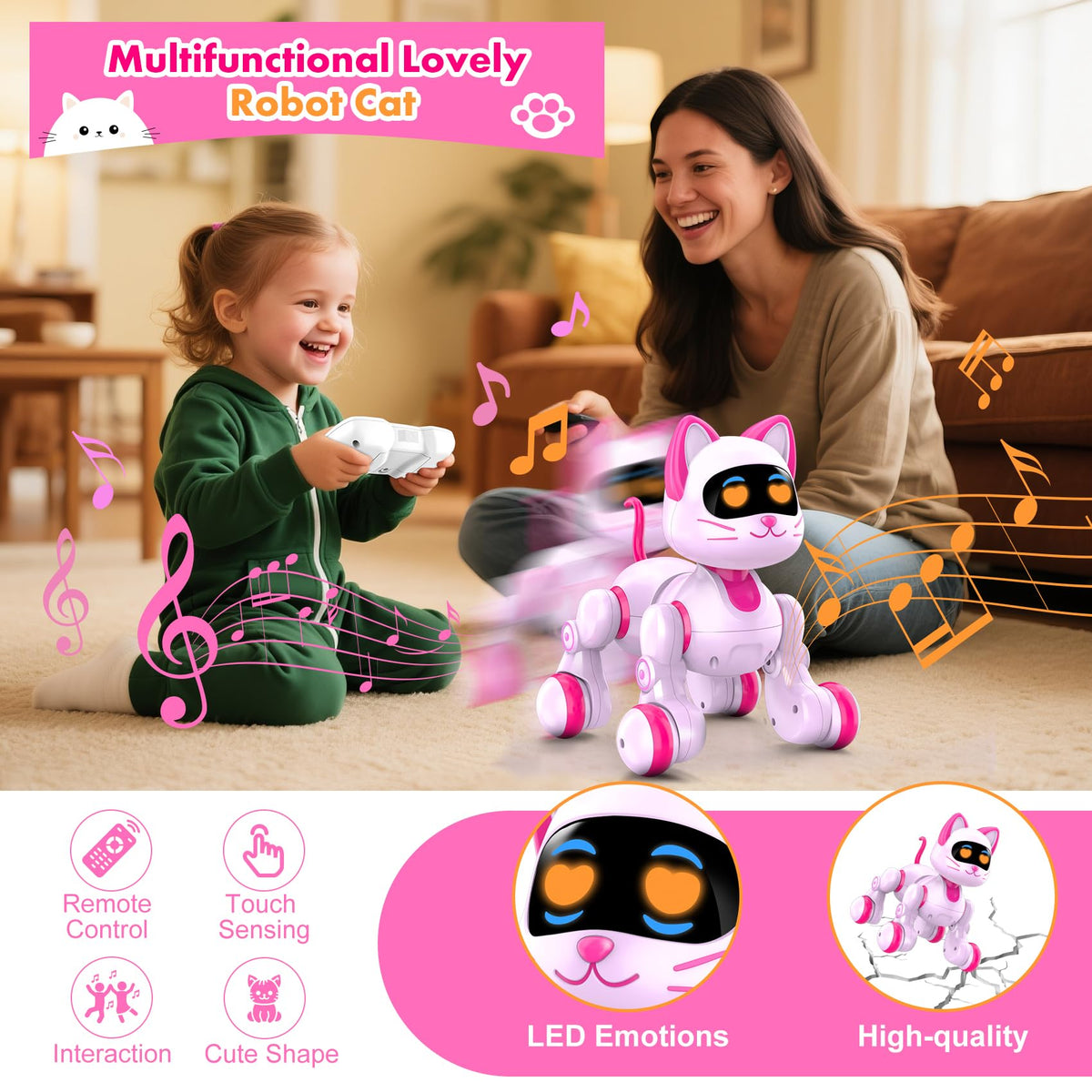 Nicmore Robot Cat walking action promotes active imaginative play indoors.