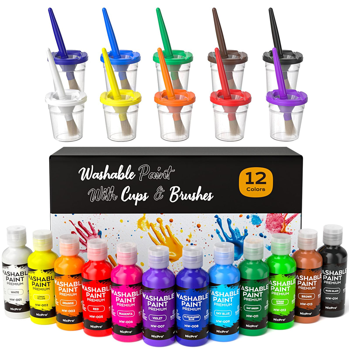 Nicpro 12-color washable finger paints bottles show rich pigments for easy color exploration.