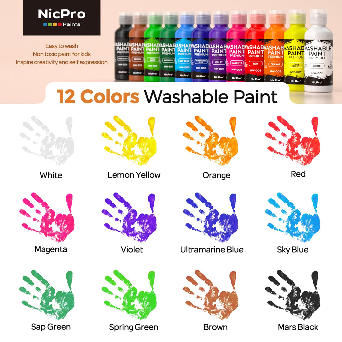 Nicpro washable paints simplify cleanup with soap and warm water.