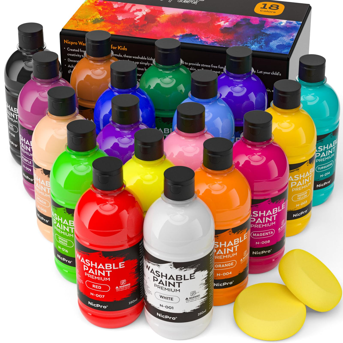 Nicpro 18-color washable paint set, bottle pour for mess-free creativity