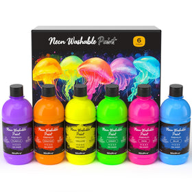 Nicpro fluorescent paints six colors bottles; vibrant neon pigments for kids' art.