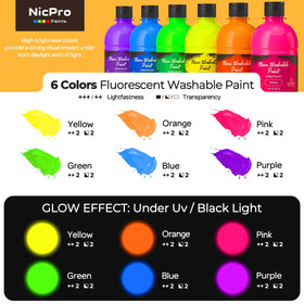 Nicpro paint set glow under black light; UV-reactive colors for parties.