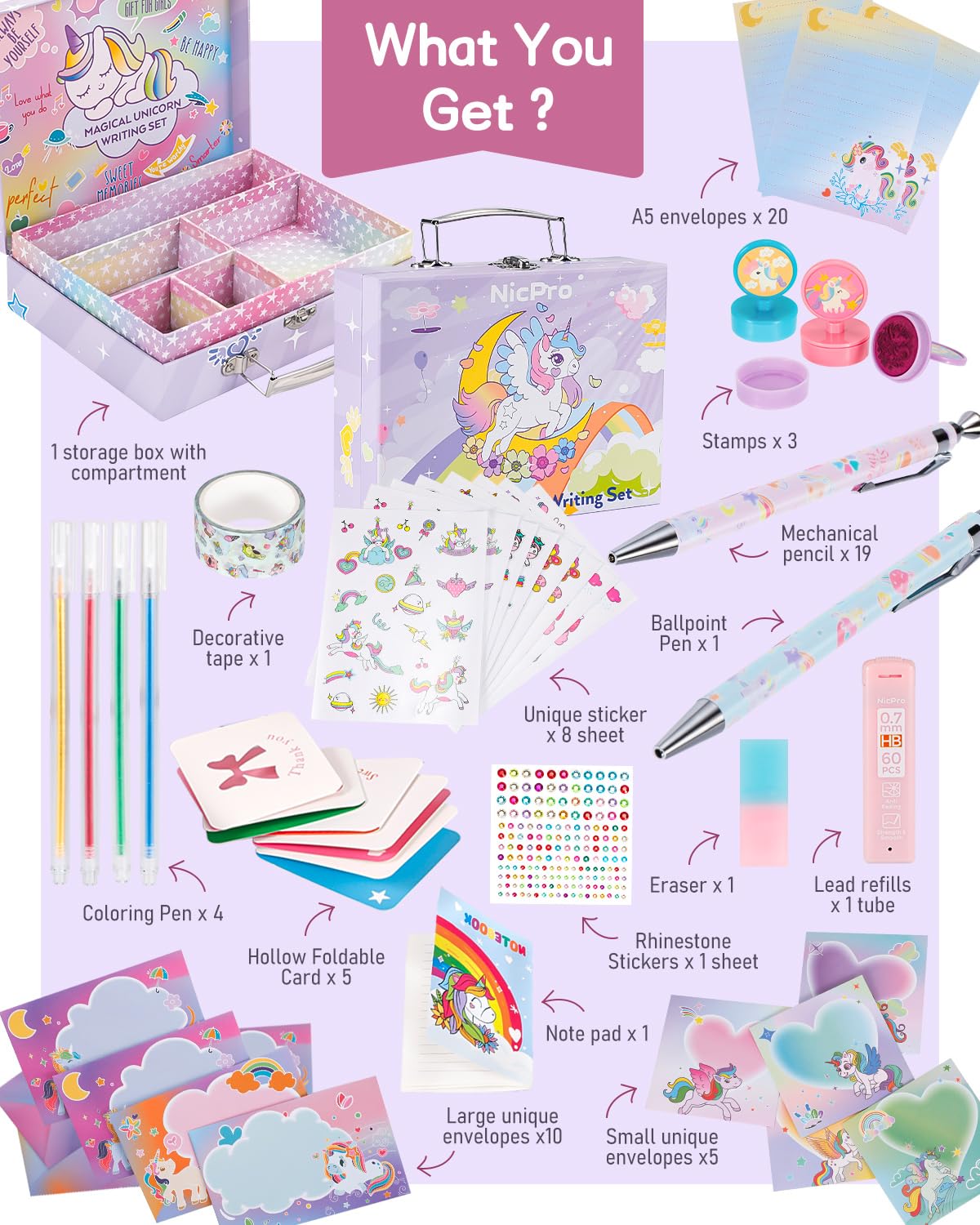Nicpro unicorn stationery set writing paper for expressive letters and creative stories.