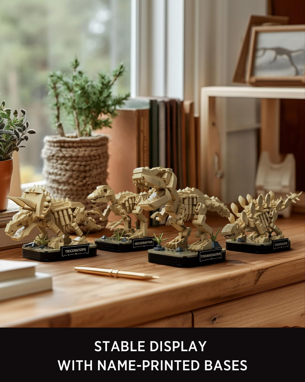 Nifeliz nameplate on base for secure desk presentation of mini dinosaurs