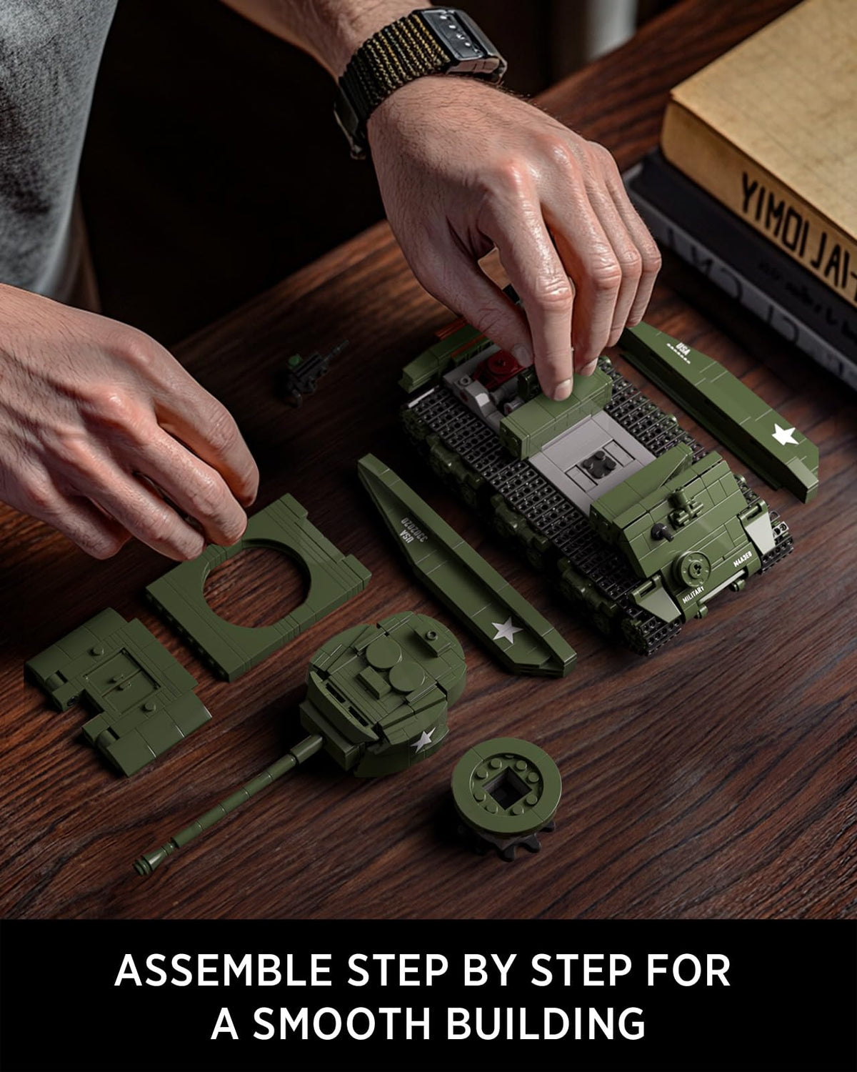Nifeliz Sherman tank displayed with other collectibles.