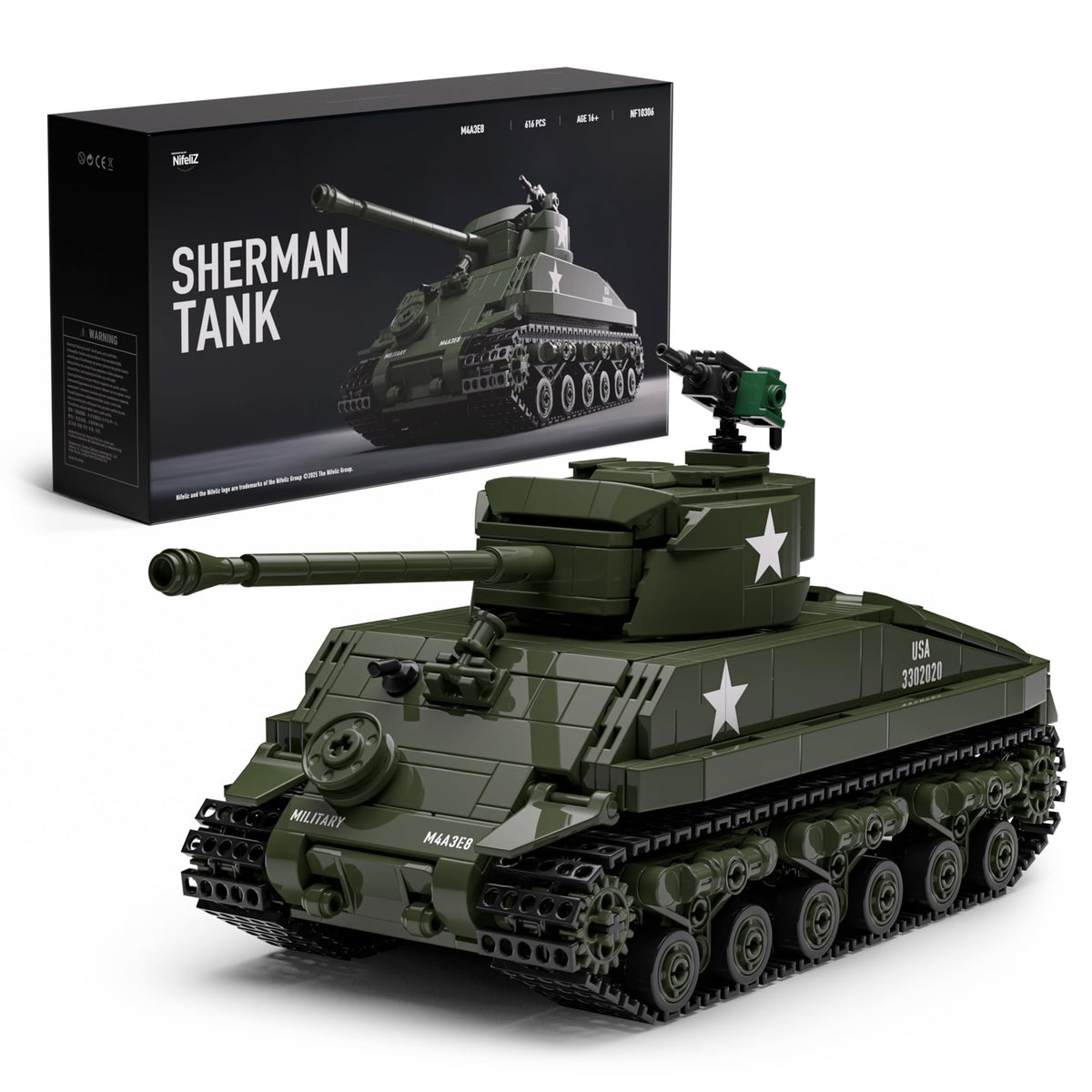 Nifeliz Sherman tank front view for realistic display.