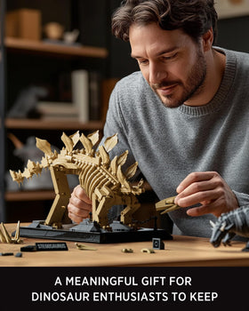 Nifeliz Stegosaurus scene-diorama promotes interactive display among multiple fossil models.