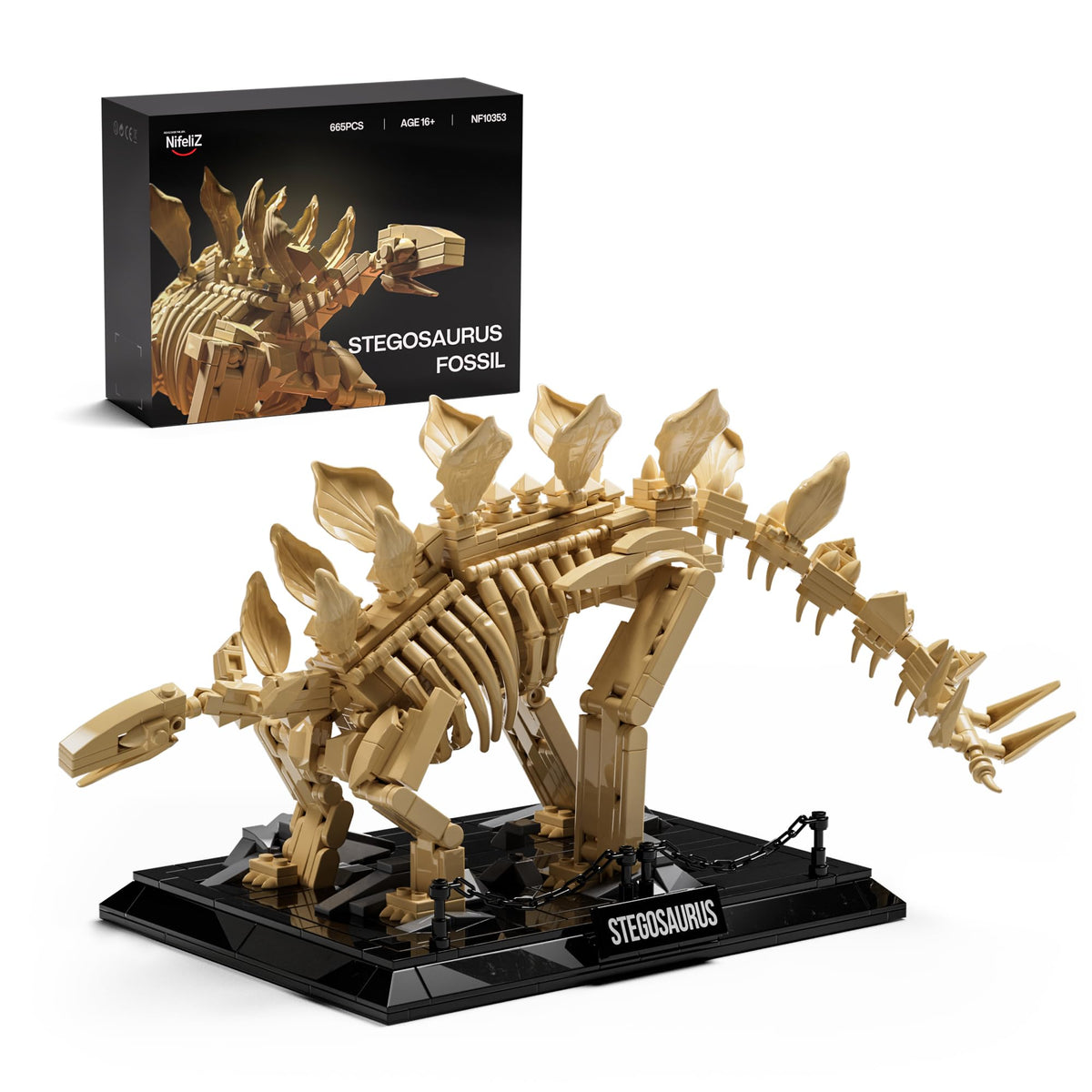 Nifeliz Stegosaurus fossils model on a display base for desk-ready dinosaur display and collection.