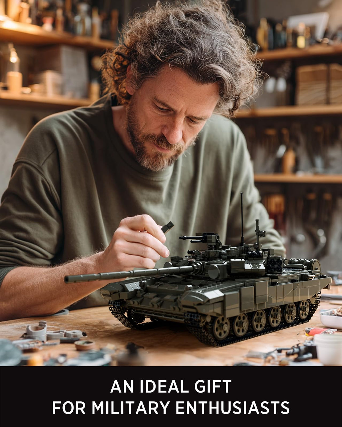 Nifeliz T-90A display-ready tank model on a shelf