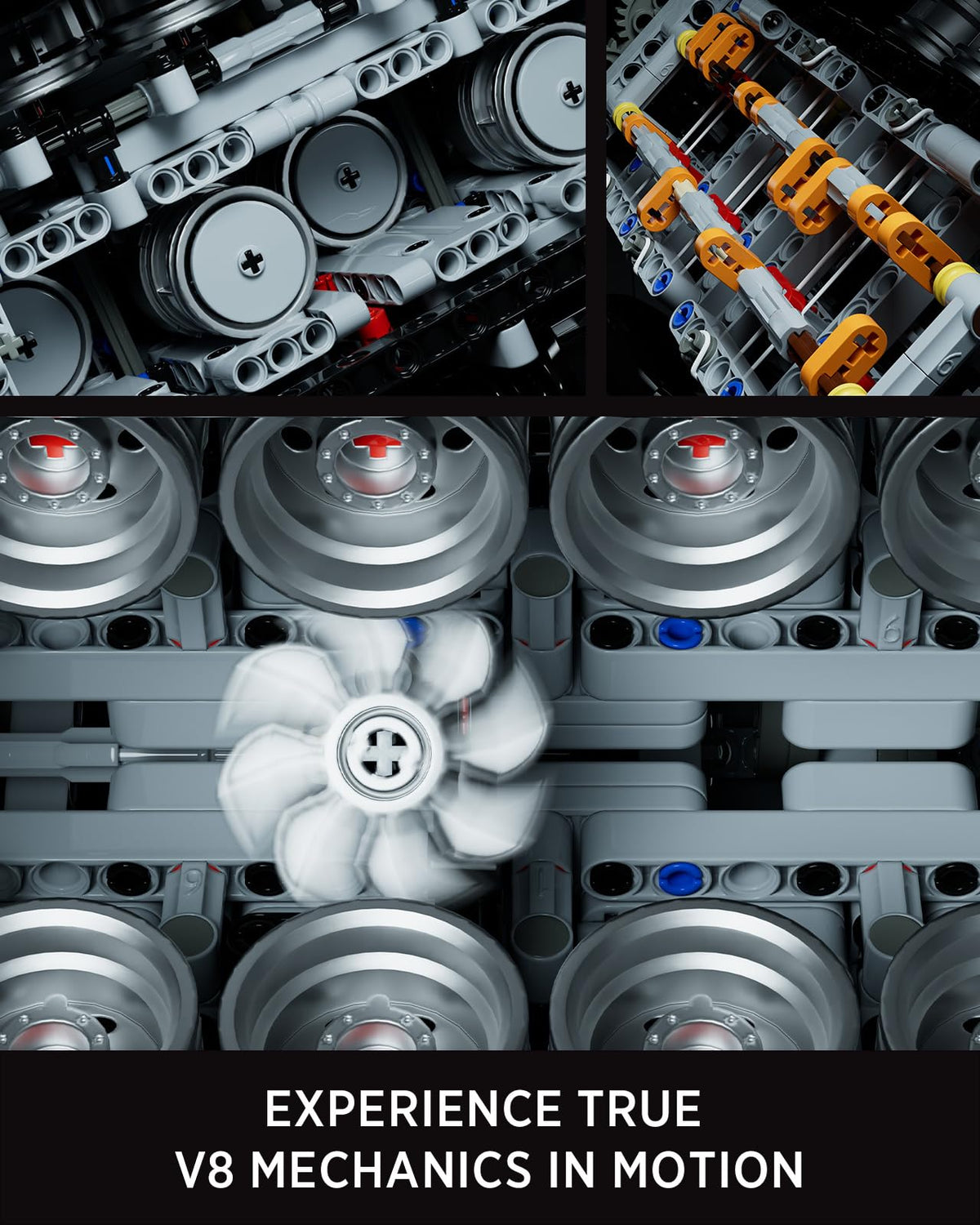 Nifeliz V8 Engine Building Set valves and rockers illustrate timing and mechanical detail for enthusiasts.