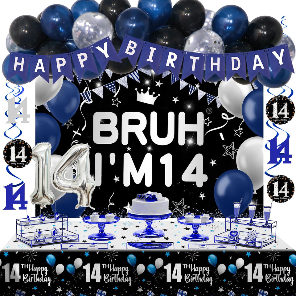 Nigifter 14th birthday backdrop banner with blue and black tones for a dramatic party look.
