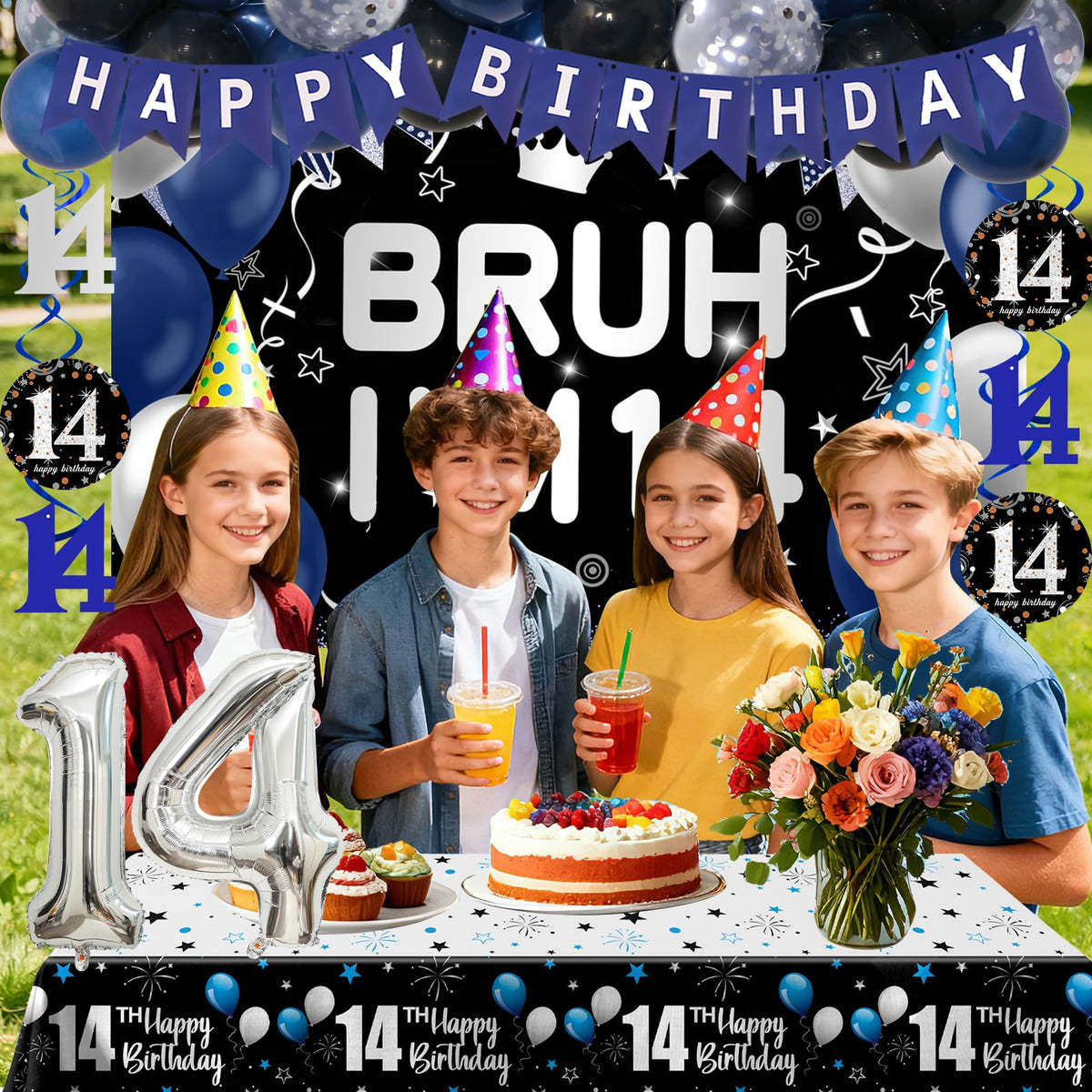 Nigifter birthday tablecloth ties the tables together with bold blue black accents.