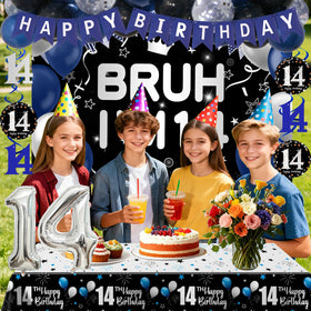Nigifter birthday tablecloth ties the tables together with bold blue black accents.