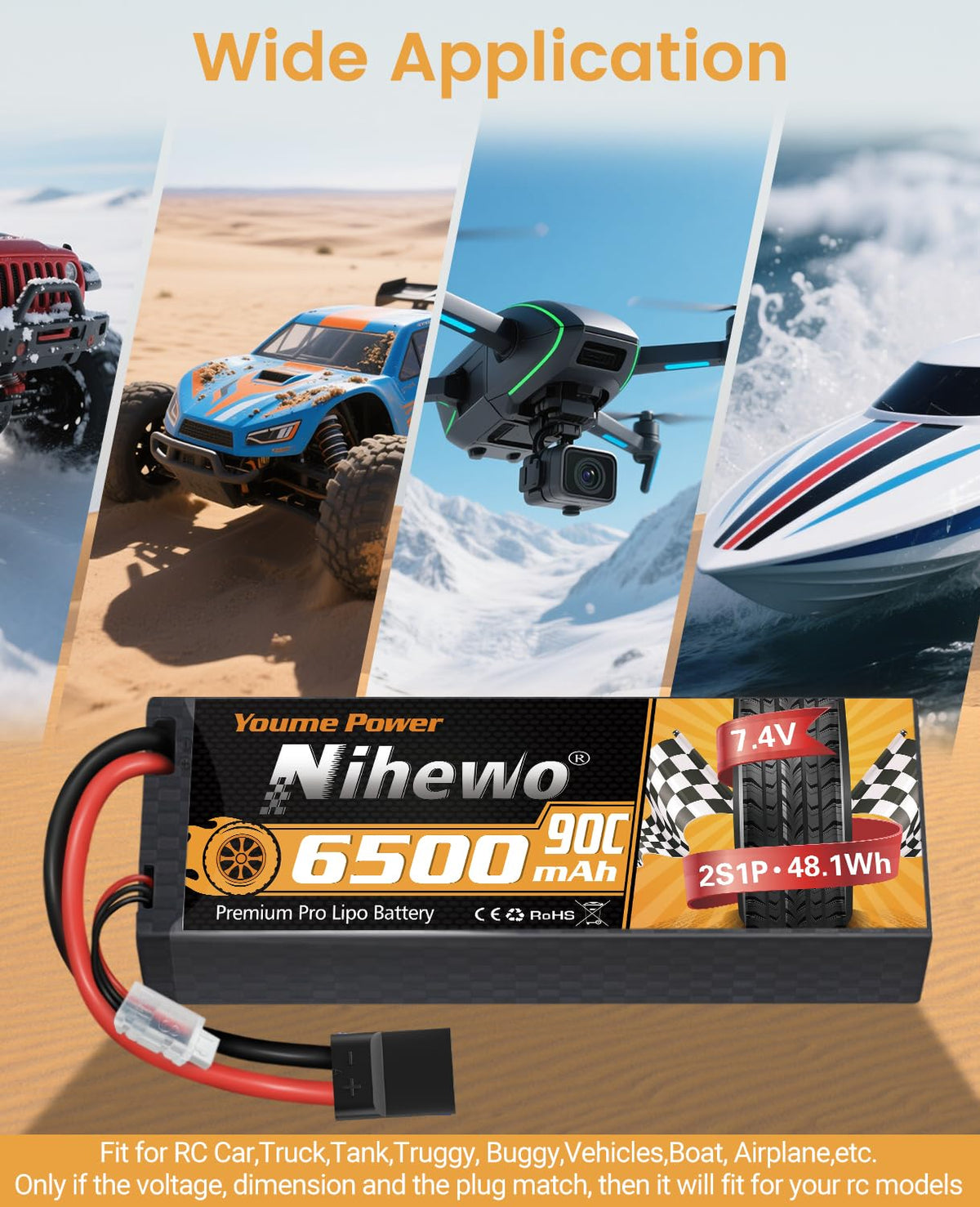 Nihewo LiPo 90C 7.4V battery compact design fits tight RC chassis