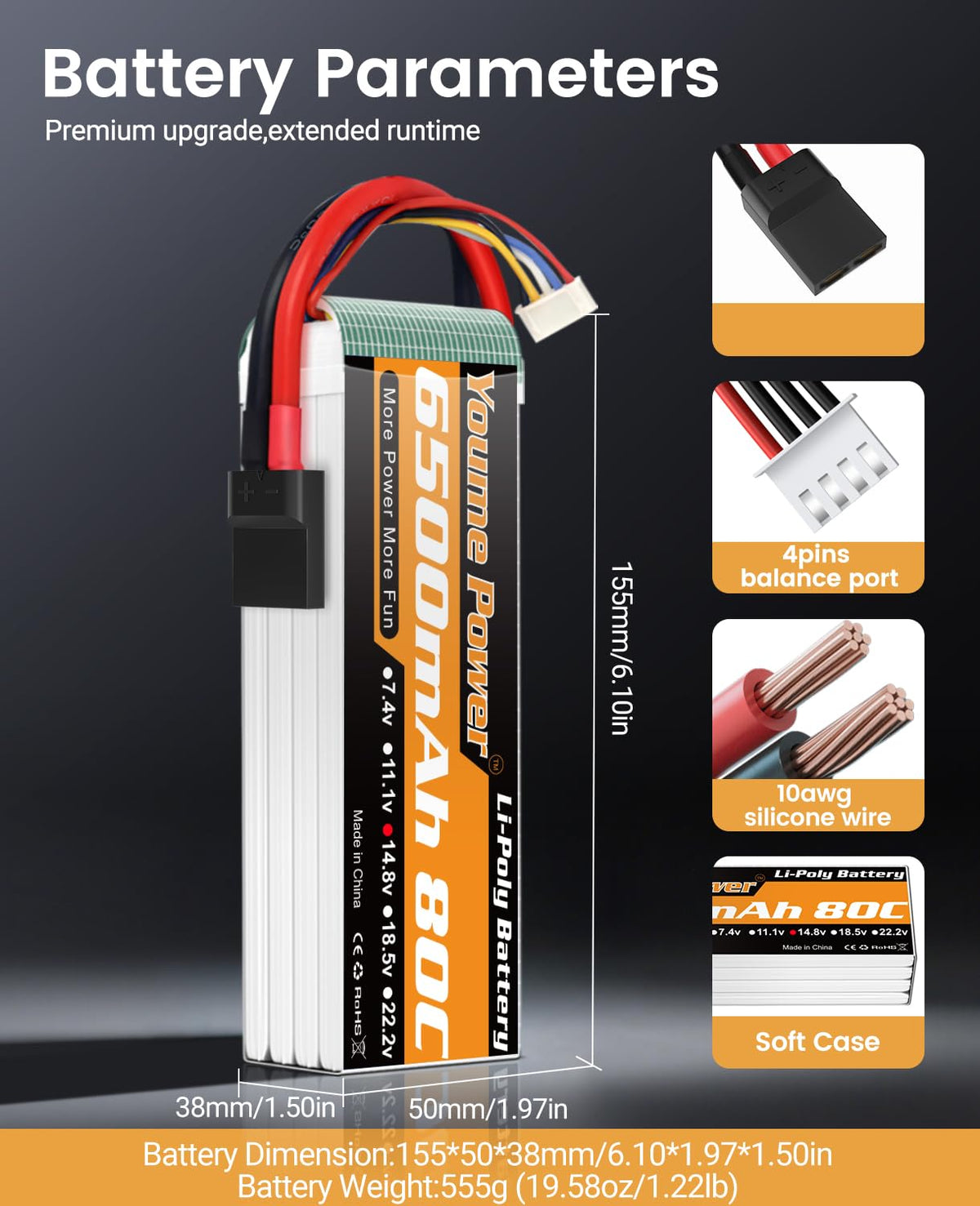 Nihewo soft-case LiPo battery with TR connector exposed for quick swaps.