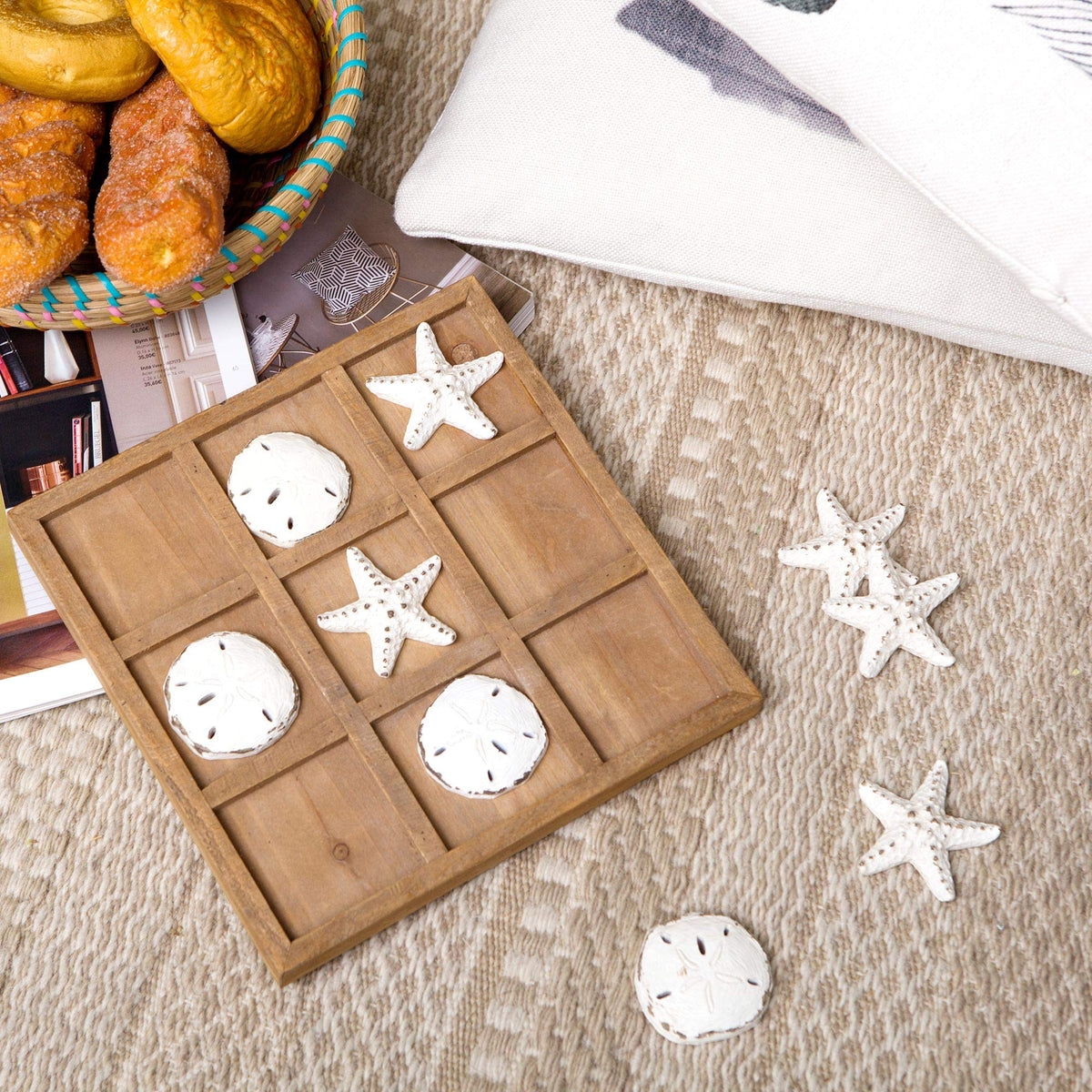 NIKKY HOME Beach Tic Tac Toe board natural wood, rustic coastal decor for coffee tables.