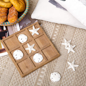 NIKKY HOME Beach Tic Tac Toe board natural wood, rustic coastal decor for coffee tables.