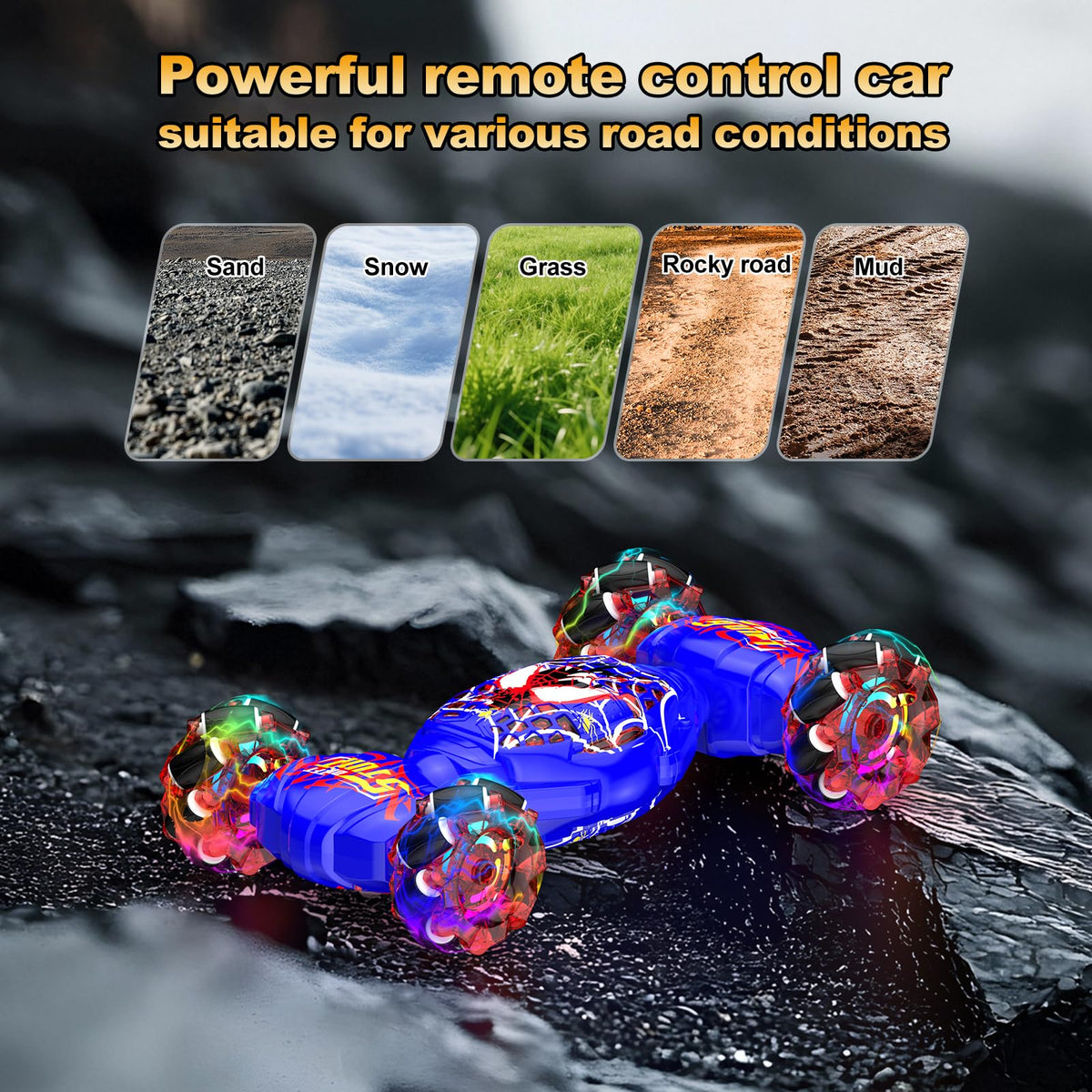 Nikuku 4WD off-road performance tackling grass and rocks for versatile play.