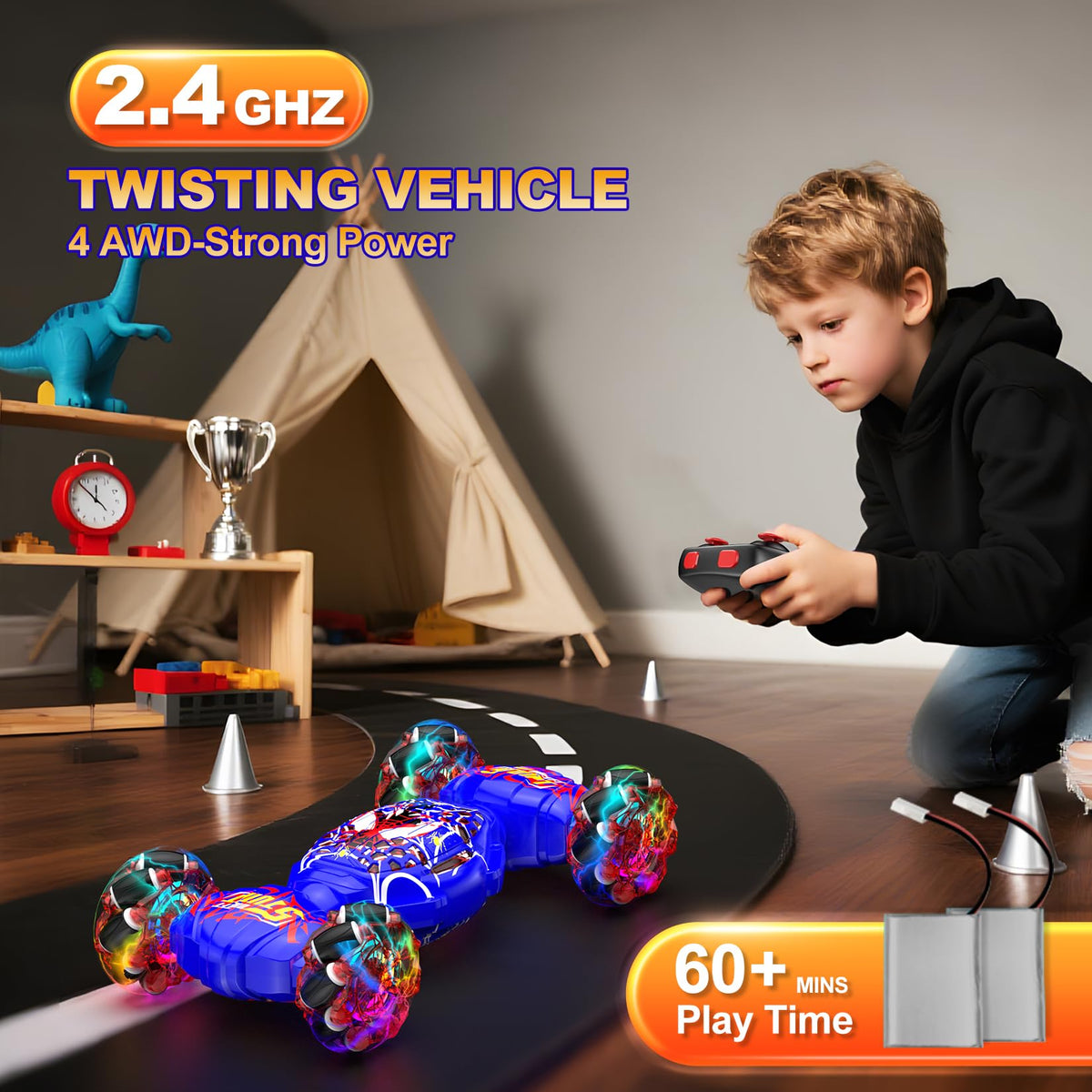 Nikuku RC stunt car side drift showing action-ready design for thrills.