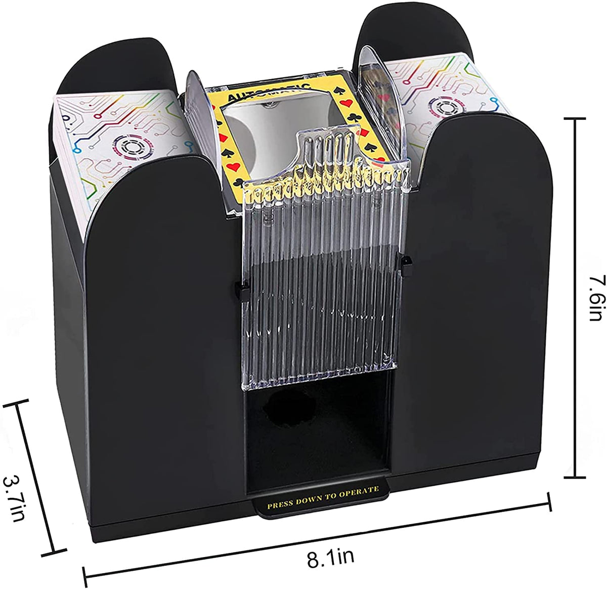 Nileole 6-deck shuffler with poker cards illustrates versatile game use