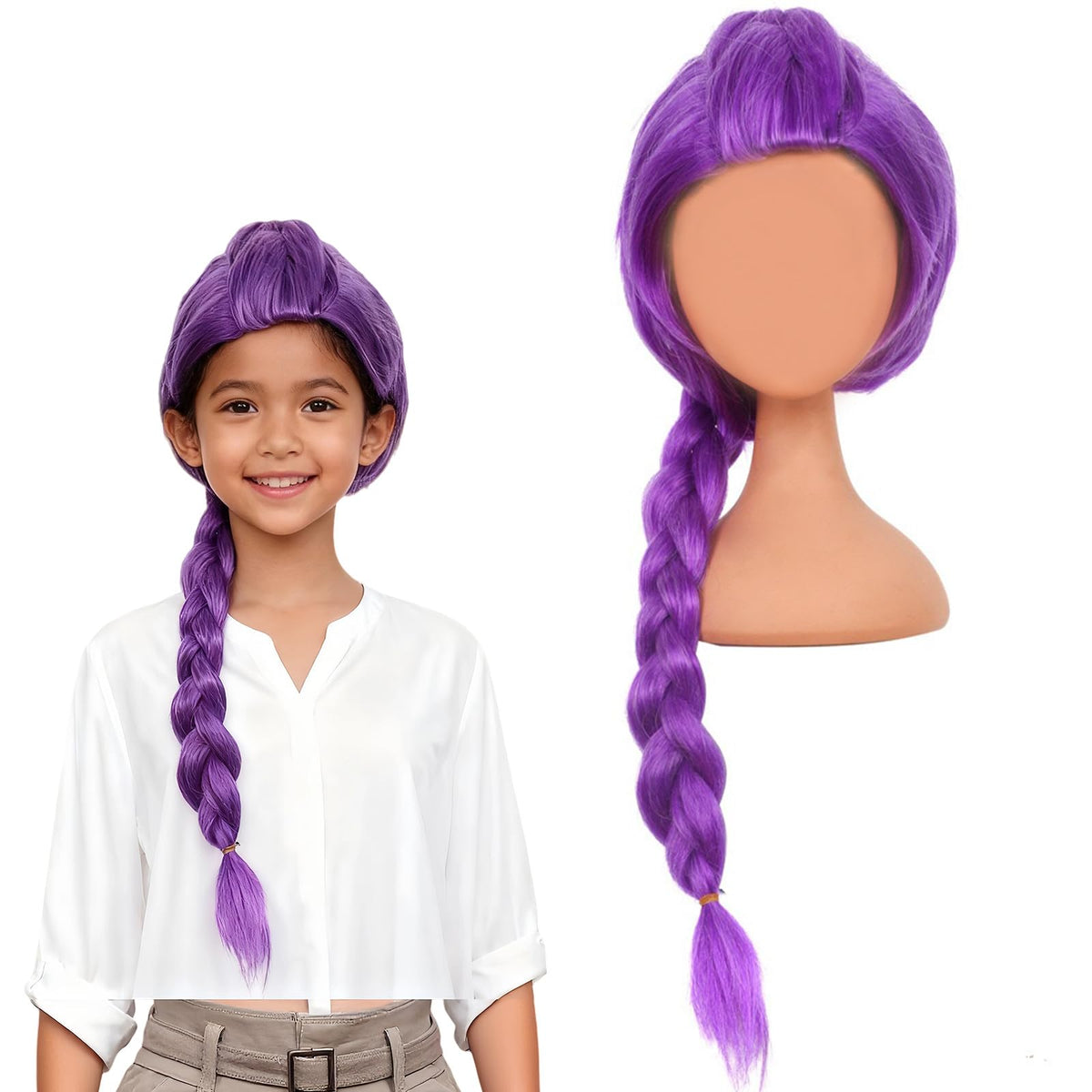 nimbleleap purple braid wig for kids with long braids, ideal for cosplay and photos.