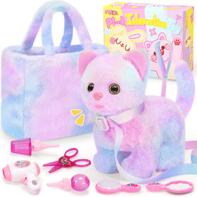 NINAOR plush cat with leash supports imaginative pretend pet care and walking play.