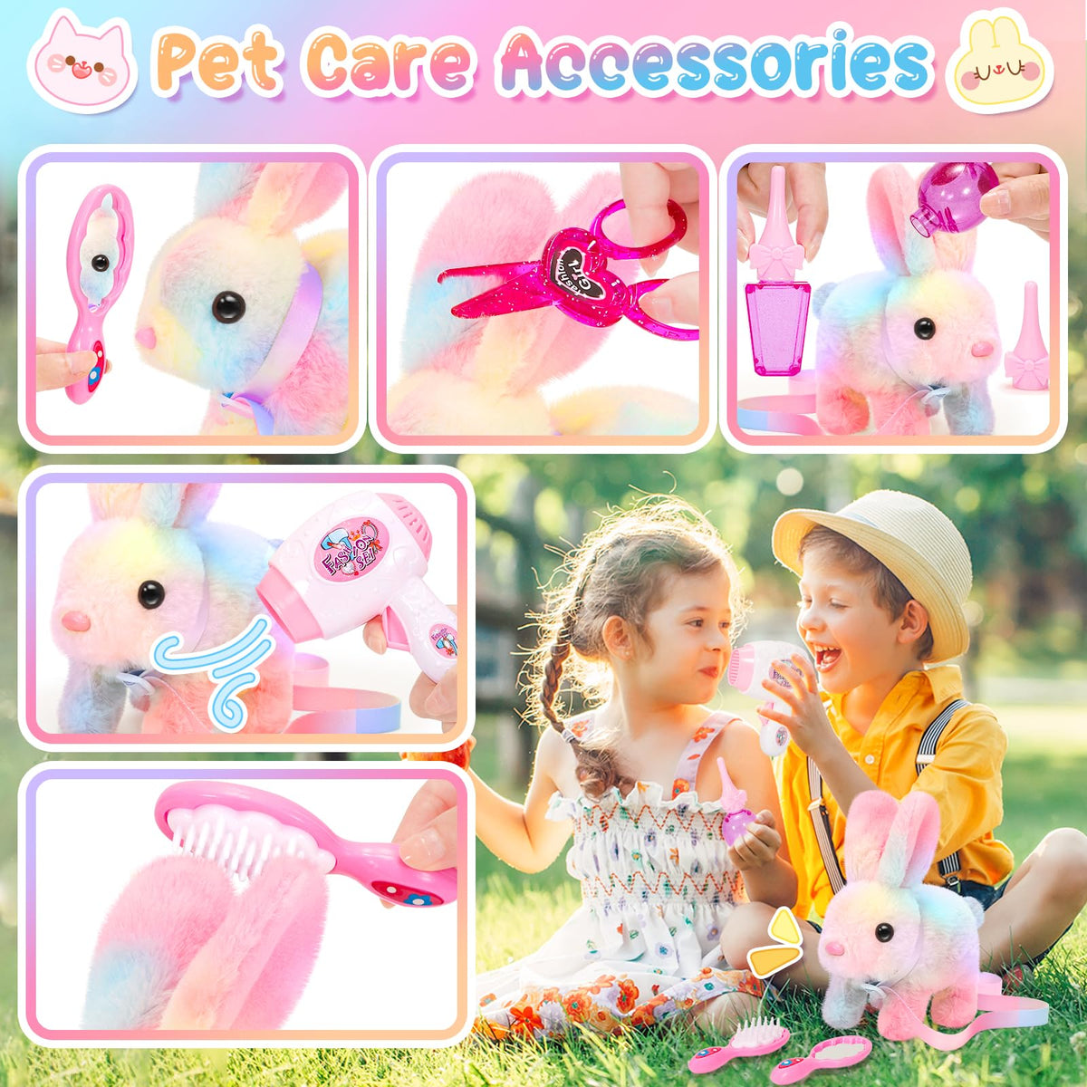 NINAOR plush bunny with built-in hair dryer accessory for grooming play