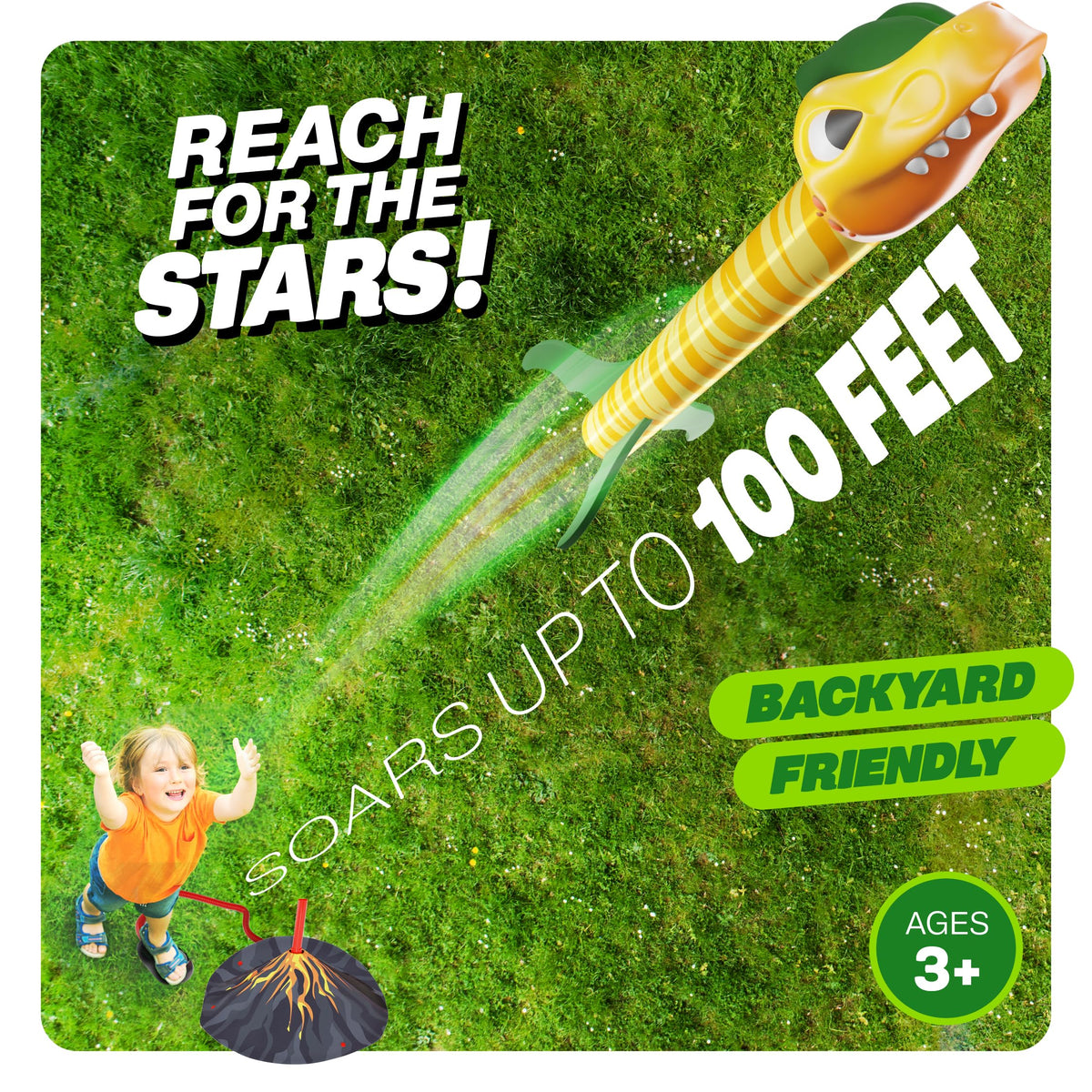 Ninja Blast dino rockets in four colors for vibrant skyward fun.